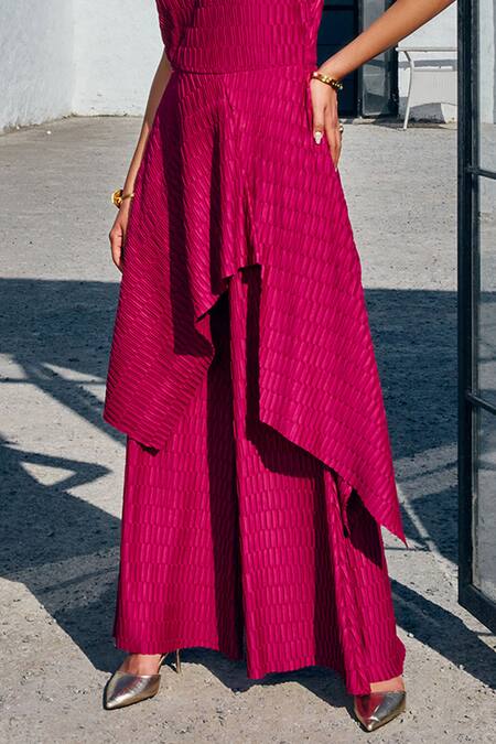 Shop_House Of Fett_Magenta Embroidery Round Neck Rosso Pleated Asymmetric Top With Pant_Online_at_Aza_Fashions