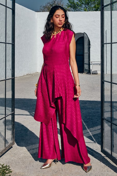 House Of Fett_Magenta Embroidery Round Neck Rosso Pleated Asymmetric Top With Pant_Online_at_Aza_Fashions