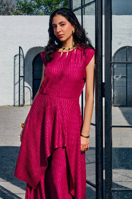 Buy_House Of Fett_Magenta Embroidery Round Neck Rosso Pleated Asymmetric Top With Pant_Online_at_Aza_Fashions
