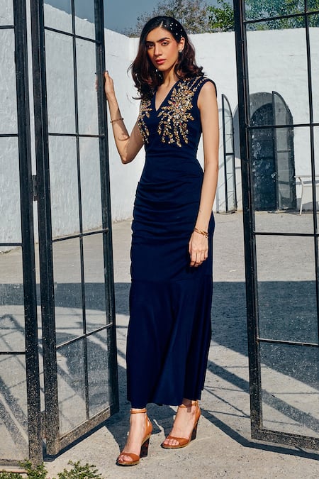 House Of Fett_Blue Twill Crystals, Sequins V-neck Palais Mermaid Gown _Online_at_Aza_Fashions