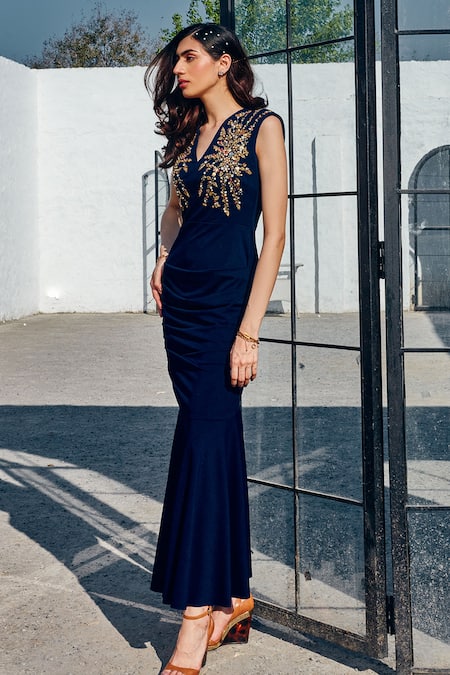Shop_House Of Fett_Blue Twill Crystals, Sequins V-neck Palais Mermaid Gown _Online_at_Aza_Fashions