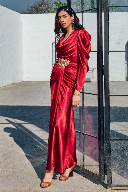 Buy House Of Fett Red Satin Crystals, Sequins Cowl Neck Ruby Draped Gown Online at Aza Fashions Buy_House Of Fett_Red Satin Crystals, Sequins Cowl Neck Ruby Draped Gown _Online_at_Aza_Fashions
