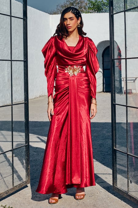 Shop House Of Fett Red Satin Crystals, Sequins Cowl Neck Ruby Draped Gown Online at Aza Fashions Shop_House Of Fett_Red Satin Crystals, Sequins Cowl Neck Ruby Draped Gown _Online_at_Aza_Fashions
