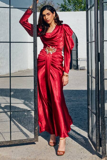 House Of Fett Red Satin Crystals, Sequins Cowl Neck Ruby Draped Gown at Aza Fashions House Of Fett_Red Satin Crystals, Sequins Cowl Neck Ruby Draped Gown _at_Aza_Fashions