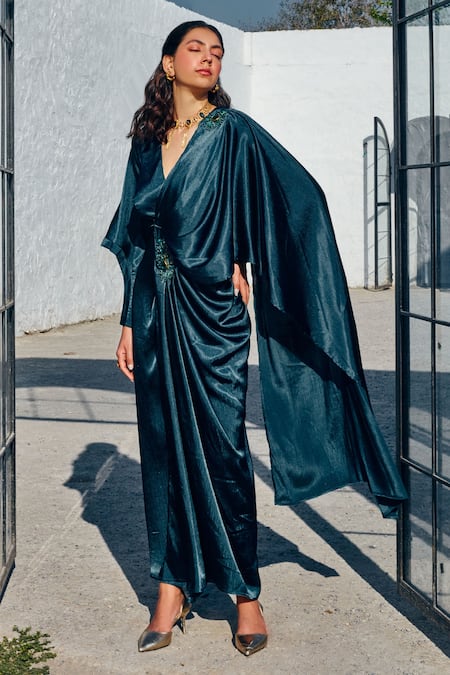 House Of Fett Green Satin Beads, Crystals V-neck Jade Pleated Draped Gown Online at Aza Fashions House Of Fett_Green Satin Beads, Crystals V-neck Jade Pleated Draped Gown _Online_at_Aza_Fashions