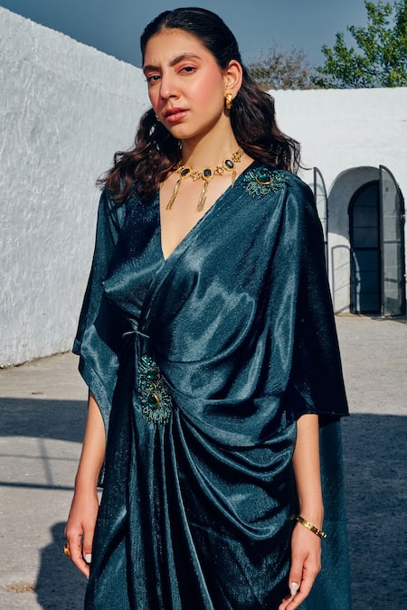 Shop House Of Fett Green Satin Beads, Crystals V-neck Jade Pleated Draped Gown Online at Aza Fashions Shop_House Of Fett_Green Satin Beads, Crystals V-neck Jade Pleated Draped Gown _Online_at_Aza_Fashions