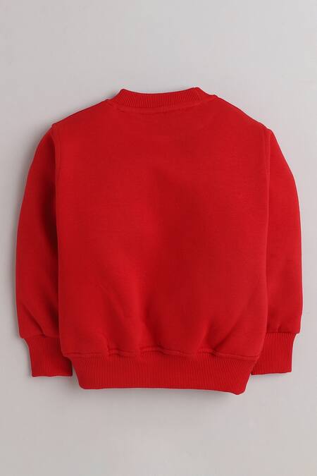 Knitting Doodles_Red Fleece Printed Hooray Jacket And Joggers Set_Online_at_Aza_Fashions