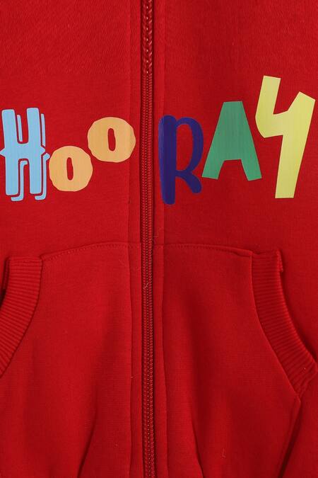 Buy_Knitting Doodles_Red Fleece Printed Hooray Jacket And Joggers Set_Online_at_Aza_Fashions