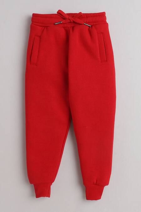Shop_Knitting Doodles_Red Fleece Printed Hooray Jacket And Joggers Set_Online_at_Aza_Fashions