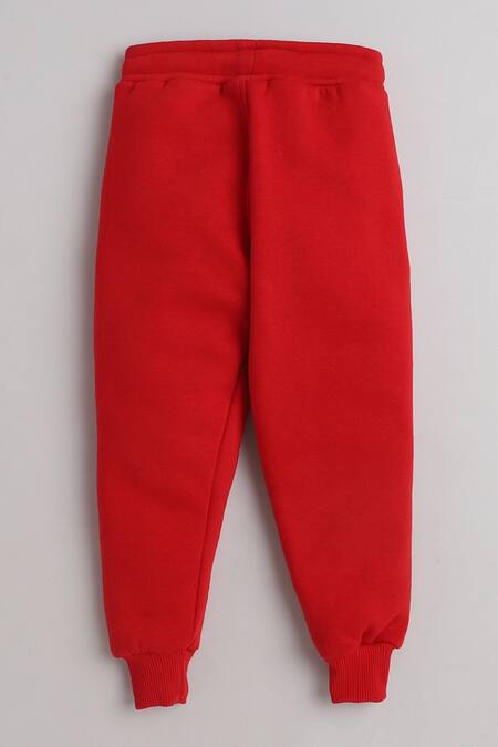 Knitting Doodles_Red Fleece Printed Hooray Jacket And Joggers Set_at_Aza_Fashions
