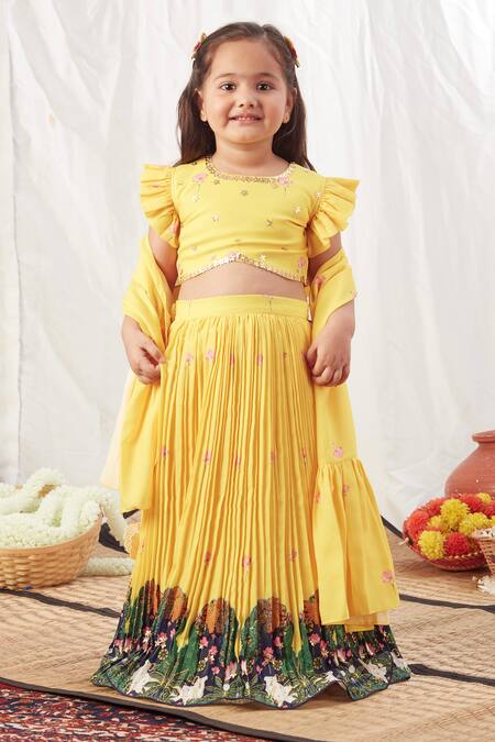 Vivedkids_Yellow Crepe, Cotton, Linen Embroidery Pleated Lehenga Set _Online_at_Aza_Fashions