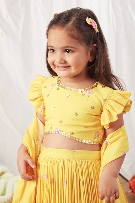 Buy_Vivedkids_Yellow Crepe, Cotton, Linen Embroidery Pleated Lehenga Set _Online_at_Aza_Fashions