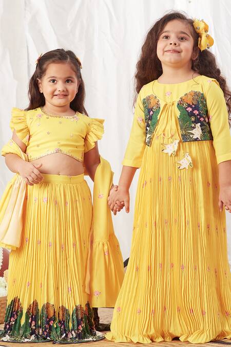Shop_Vivedkids_Yellow Crepe, Cotton, Linen Embroidery Pleated Lehenga Set _Online_at_Aza_Fashions