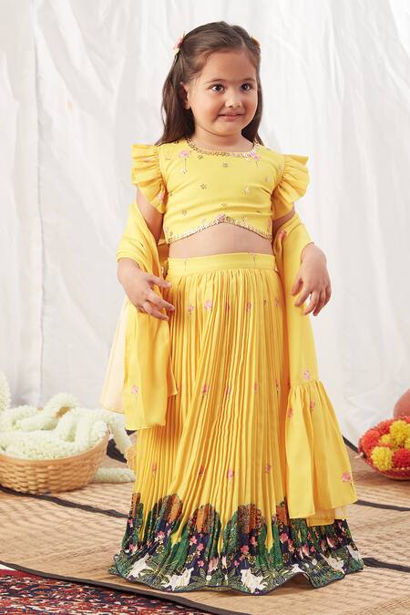 Vivedkids_Yellow Crepe, Cotton, Linen Embroidery Pleated Lehenga Set _at_Aza_Fashions