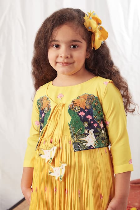 Vivedkids_Yellow Crepe, Cotton Tassels, Embroidery Pleated Dress With Jacket _Online_at_Aza_Fashions