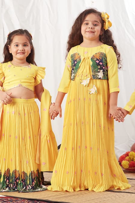 Shop_Vivedkids_Yellow Crepe, Cotton Tassels, Embroidery Pleated Dress With Jacket _Online_at_Aza_Fashions