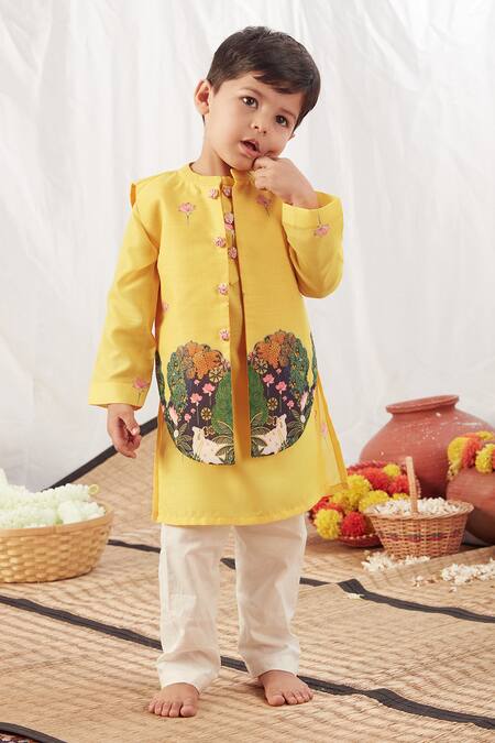 Vivedkids_Yellow Cotton Embroidery Floral Printed Kurta Set _Online_at_Aza_Fashions