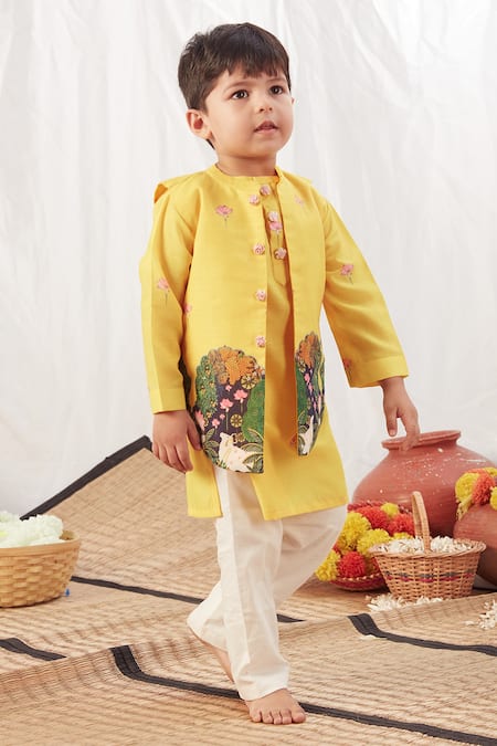 Buy_Vivedkids_Yellow Cotton Embroidery Floral Printed Kurta Set _Online_at_Aza_Fashions