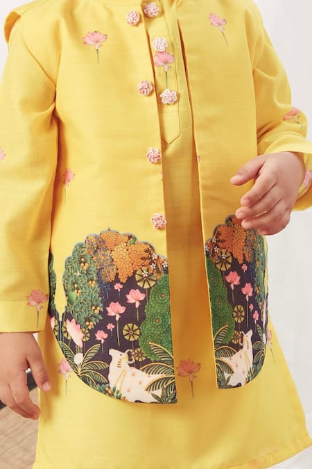 Shop_Vivedkids_Yellow Cotton Embroidery Floral Printed Kurta Set _Online_at_Aza_Fashions