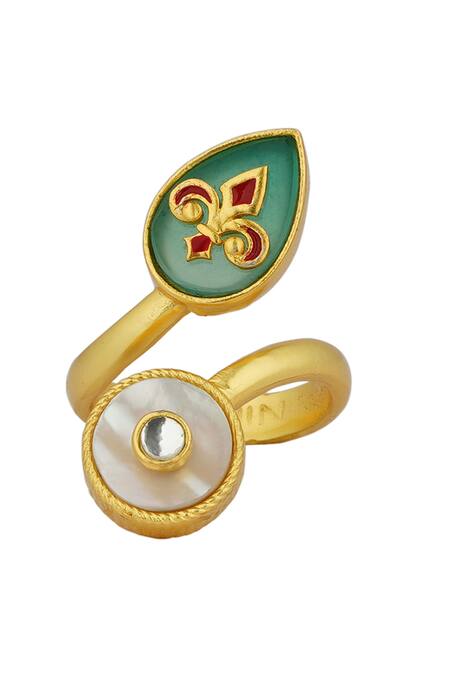 Shop_ZARIIN_Gold Plated Stones, Pearls Vintage Queen Open Ring _Online_at_Aza_Fashions