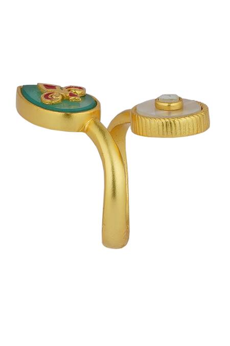 ZARIIN_Gold Plated Stones, Pearls Vintage Queen Open Ring _at_Aza_Fashions