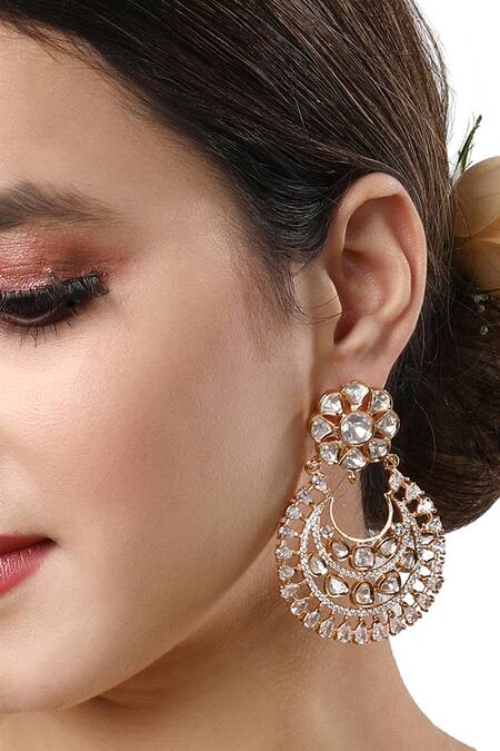 Shop_HRISHA_Gold Plated Mirrors Kundan Polki Embellished Chandbalis _Online_at_Aza_Fashions