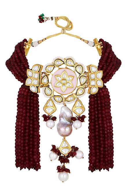HRISHA_Gold Plated Pearls, Diamonds Hand Painted Meenakari Choker Set_Online_at_Aza_Fashions