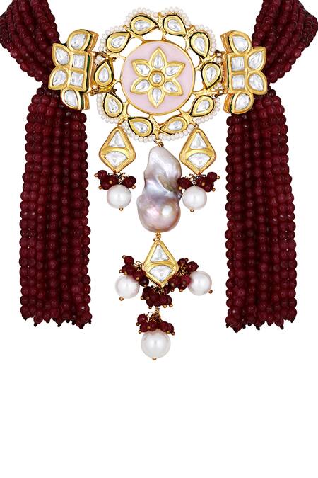 Buy_HRISHA_Gold Plated Pearls, Diamonds Hand Painted Meenakari Choker Set_Online_at_Aza_Fashions