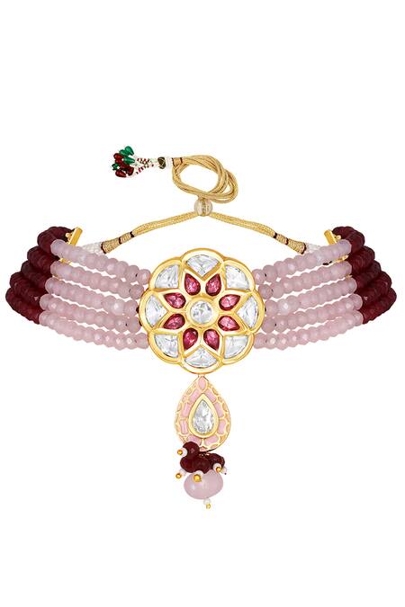 HRISHA_Gold Plated Beads, Metallic Thread Multi-layered Beaded Choker Set _Online_at_Aza_Fashions