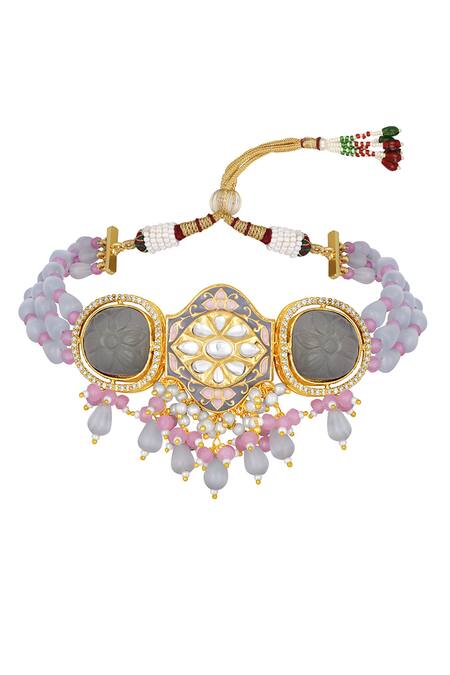 HRISHA_Gold Plated Diamonds, Beads, Stones Monalisa Embellished Necklace Set_Online_at_Aza_Fashions