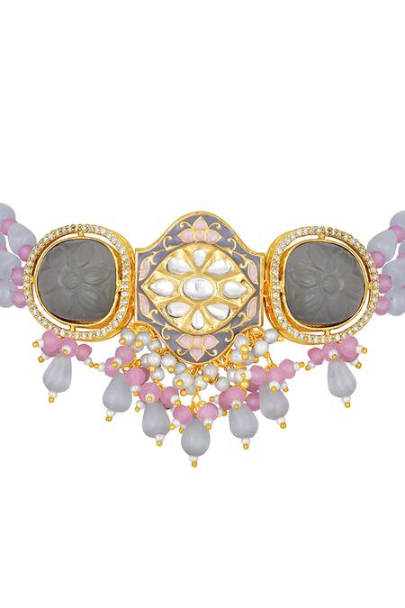 Buy_HRISHA_Gold Plated Diamonds, Beads, Stones Monalisa Embellished Necklace Set_Online_at_Aza_Fashions