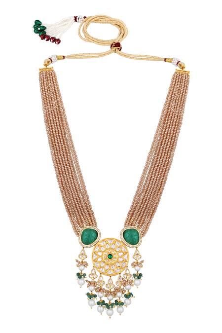 HRISHA_Gold Plated Crystals, Pearls Italian Embellished Necklace Set_Online_at_Aza_Fashions
