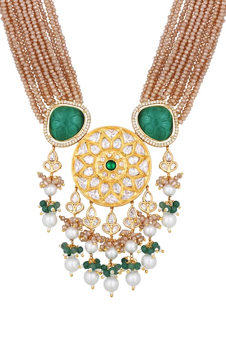 Buy_HRISHA_Gold Plated Crystals, Pearls Italian Embellished Necklace Set_Online_at_Aza_Fashions