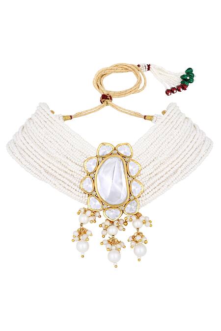 HRISHA Cream Diamonds, Pearls Kundan Polki Embellished Necklace Set Online at Aza Fashions HRISHA_Cream Diamonds, Pearls Kundan Polki Embellished Necklace Set _Online_at_Aza_Fashions