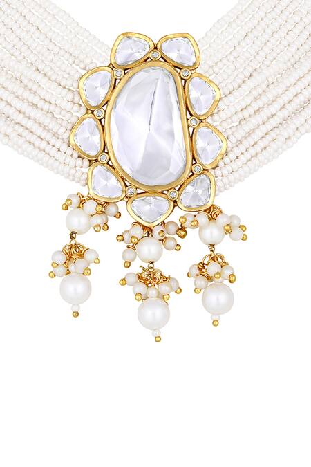 Buy HRISHA Cream Diamonds, Pearls Kundan Polki Embellished Necklace Set Online at Aza Fashions Buy_HRISHA_Cream Diamonds, Pearls Kundan Polki Embellished Necklace Set _Online_at_Aza_Fashions