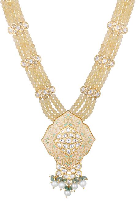 Buy_HRISHA_Cream Diamonds, Pearls Agate Embellished Necklace Set _Online_at_Aza_Fashions
