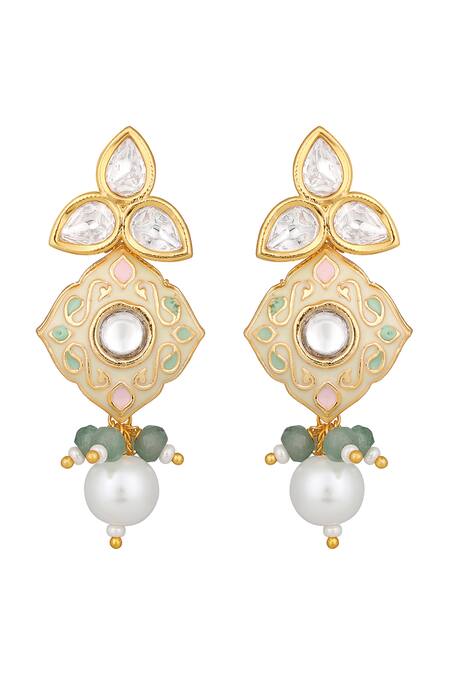 Shop_HRISHA_Cream Diamonds, Pearls Agate Embellished Necklace Set _Online_at_Aza_Fashions