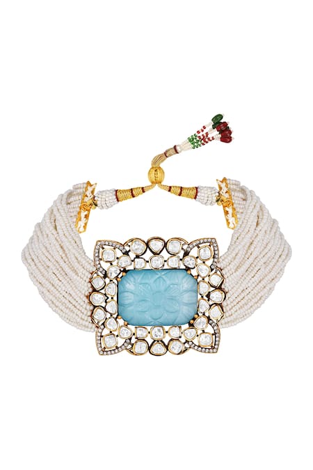 HRISHA_Gold Plated Stones Carved Onyx Choker Necklace Set _Online_at_Aza_Fashions