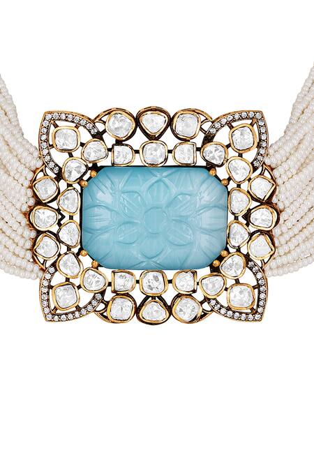 Buy_HRISHA_Gold Plated Stones Carved Onyx Choker Necklace Set _Online_at_Aza_Fashions