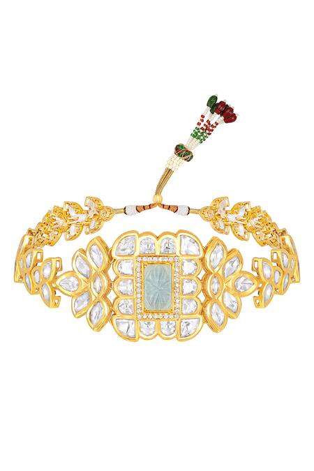 HRISHA_Gold Plated Bows, Crystals Carved Onyx And Kundan Polki Embellished Necklace Set _Online_at_Aza_Fashions