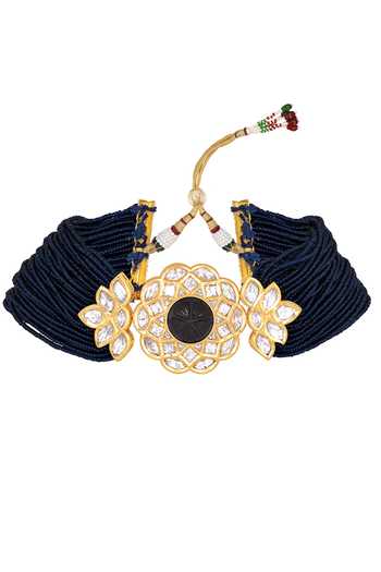 HRISHA_Blue Diamonds, Crystals Floral Embellished Choker Necklace Set _Online_at_Aza_Fashions