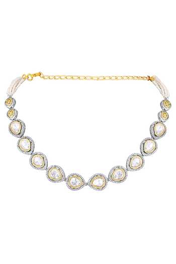 HRISHA_Cream Diamond Kundan Polki And Kidiya Moti Pear Shaped Choker Necklace Set_Online_at_Aza_Fashions