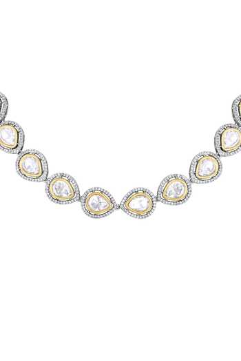 Buy_HRISHA_Cream Diamond Kundan Polki And Kidiya Moti Pear Shaped Choker Necklace Set_Online_at_Aza_Fashions