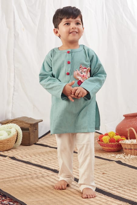 Shop_Vivedkids_Blue Handloom Cotton Embroidery Mandarin Collar Kurta Set _Online_at_Aza_Fashions