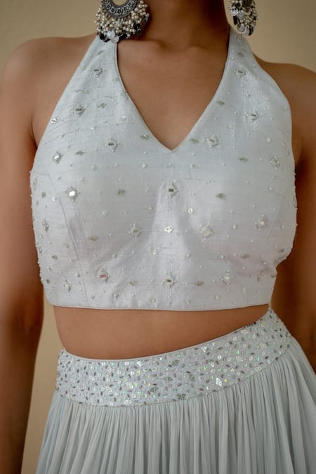 Buy_Mint Blush_Blue Chiffon, Silk Sequins, Cut Work, Mirrors Embroidered Crop Top And Skirt Set _Online_at_Aza_Fashions