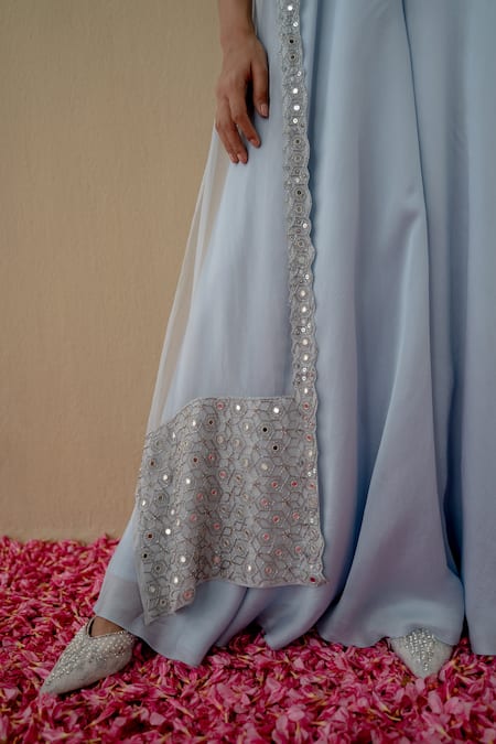 Mint Blush_Blue Organza, Silk Embroidery, Mirrors, Cut Work Round Long Cape Flared Pant Set _Online_at_Aza_Fashions
