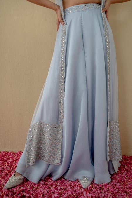 Buy_Mint Blush_Blue Organza, Silk Embroidery, Mirrors, Cut Work Round Long Cape Flared Pant Set _Online_at_Aza_Fashions