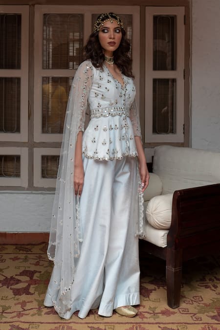 House of Dasmaya_Blue Net, Silk, Cotton Mirrors, Pearls V-neck Embroidered Peplum Top Sharara Set _Online_at_Aza_Fashions