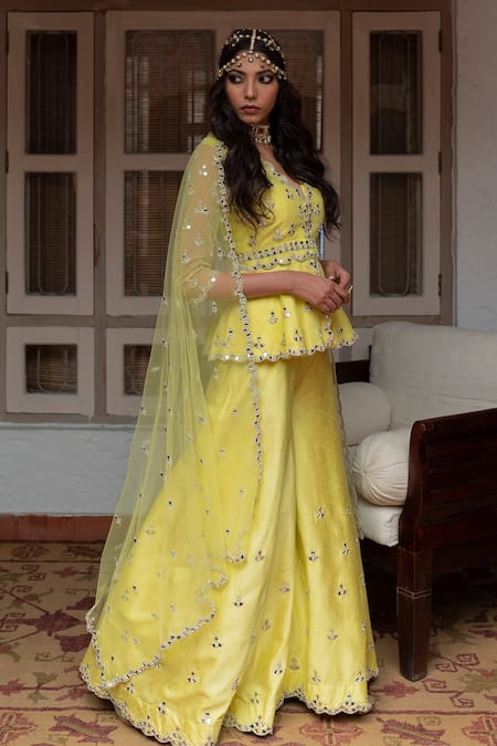 House of Dasmaya_Yellow Dupion Silk Embroidered Mirror Deep V Neck Peplum Top Sharara Set _Online_at_Aza_Fashions
