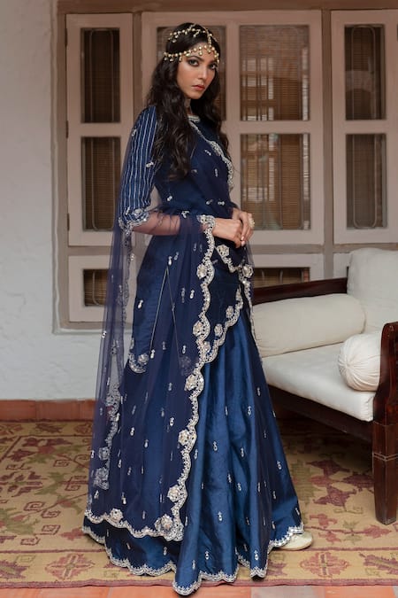 Buy_House of Dasmaya_Blue Dupion Silk Embroidered Mirror Boat Neck Sharara Set _Online_at_Aza_Fashions